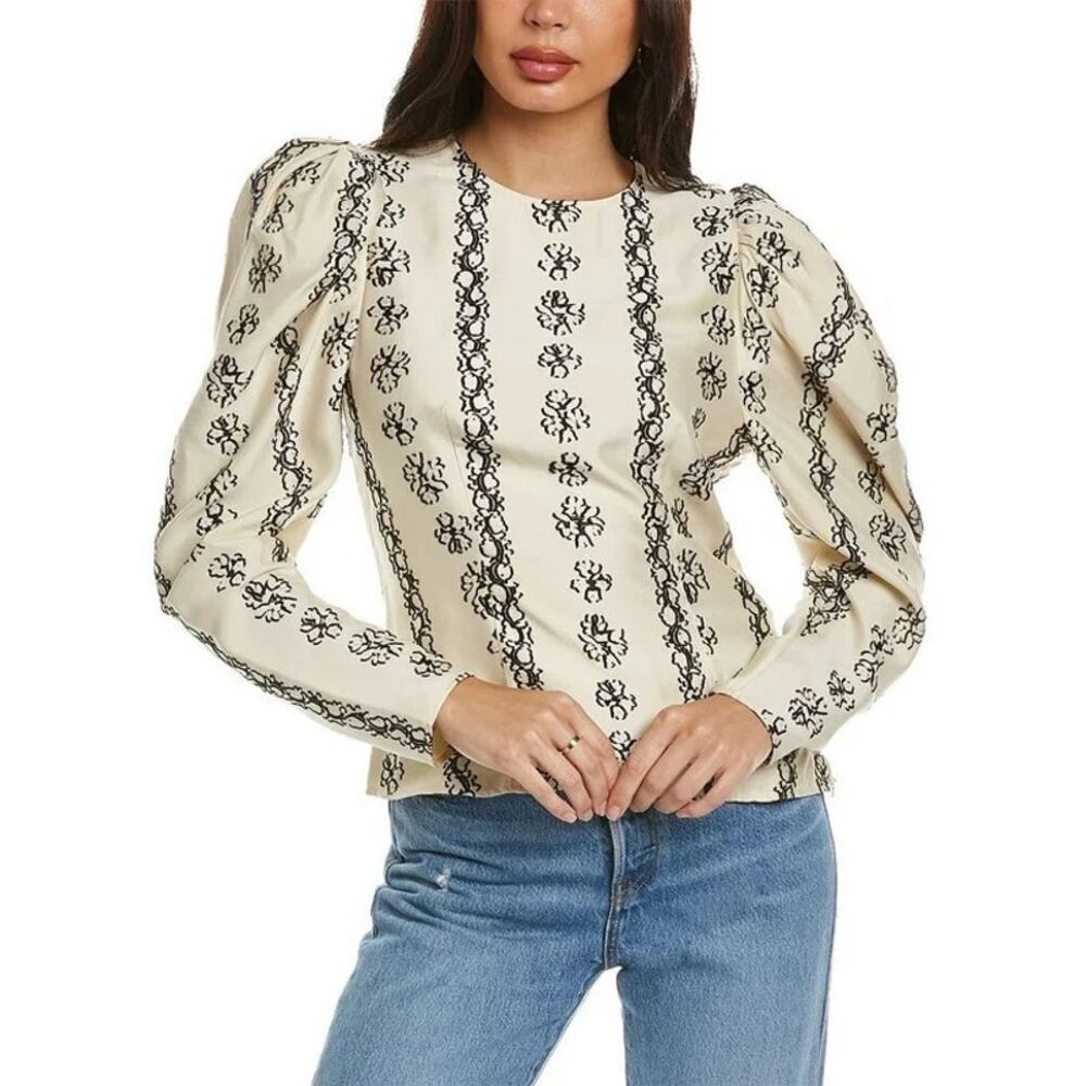 Ulla Johnson Layla Silk Floral Embroidered Puff Sleeve Ivory Blouse Size 8